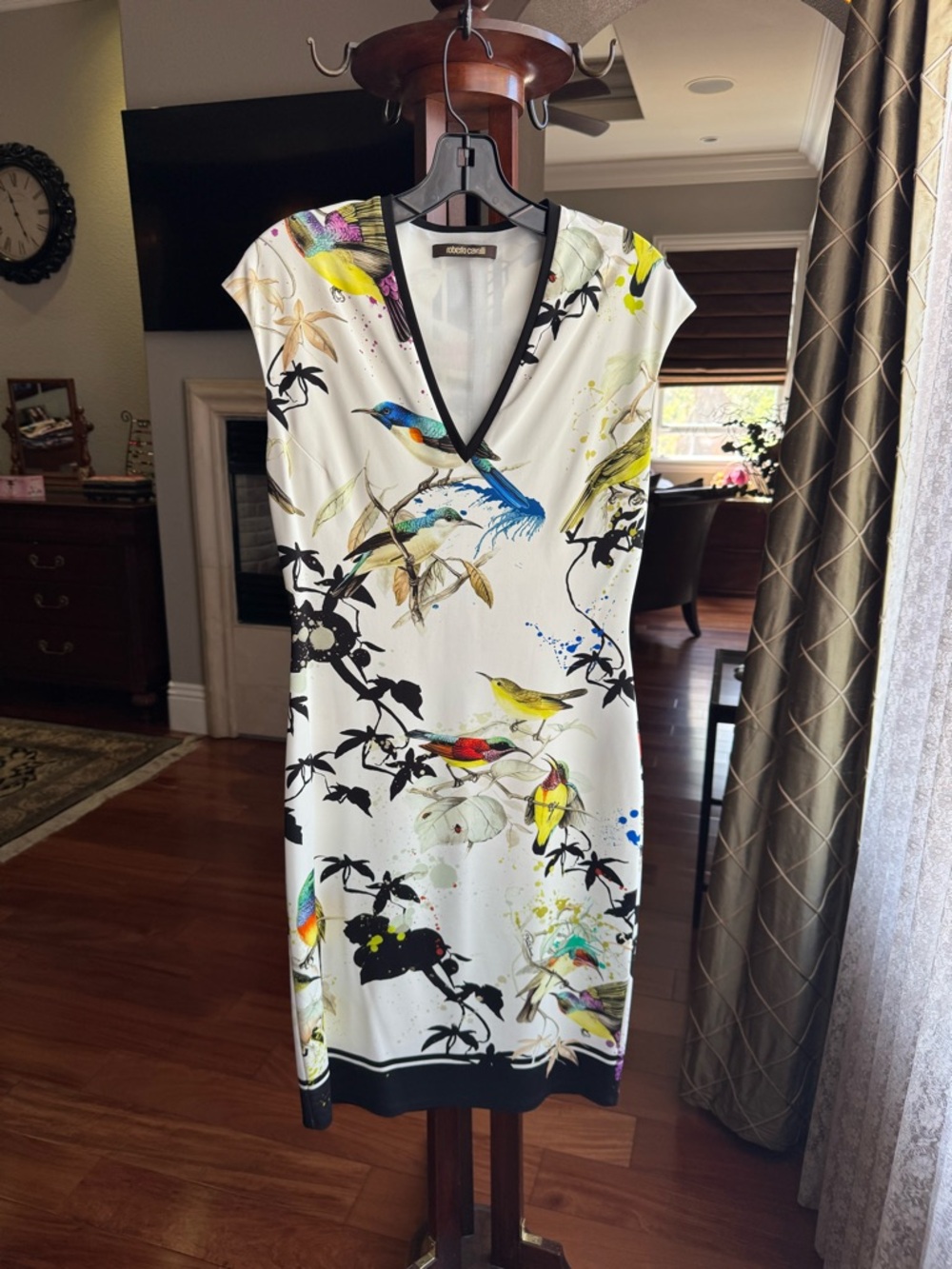 Roberto Cavalli White Midi Dress with Multicolor Bird & Floral Print